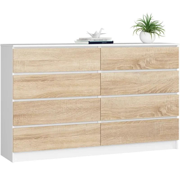 Komoda do sypialni, 8 szuflad, STILO, 160x40x99, biel, sonoma| TYLETEGOTU 965389
