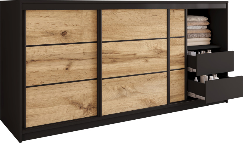 Komoda do sypialni przesuwna 200 cm LOFT czarny / dąb wotan 702284