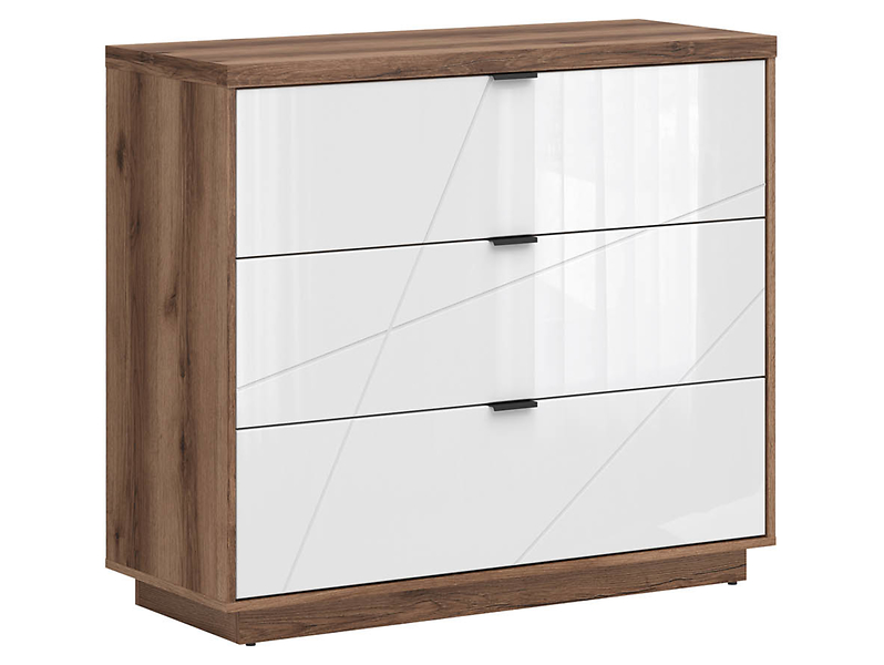 Komoda Forn 106 cm z 3 szufladami dąb delano ciemny/biały połysk 48557