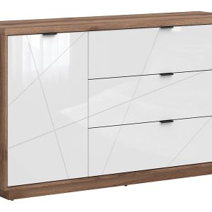 Komoda Forn 156 cm z drzwiami i 3 szufladami dąb delano ciemny/biały połysk 40489 Komoda Forn 156 cm z drzwiami i 3 szufladami dąb delano ciemny/biały połysk 40489