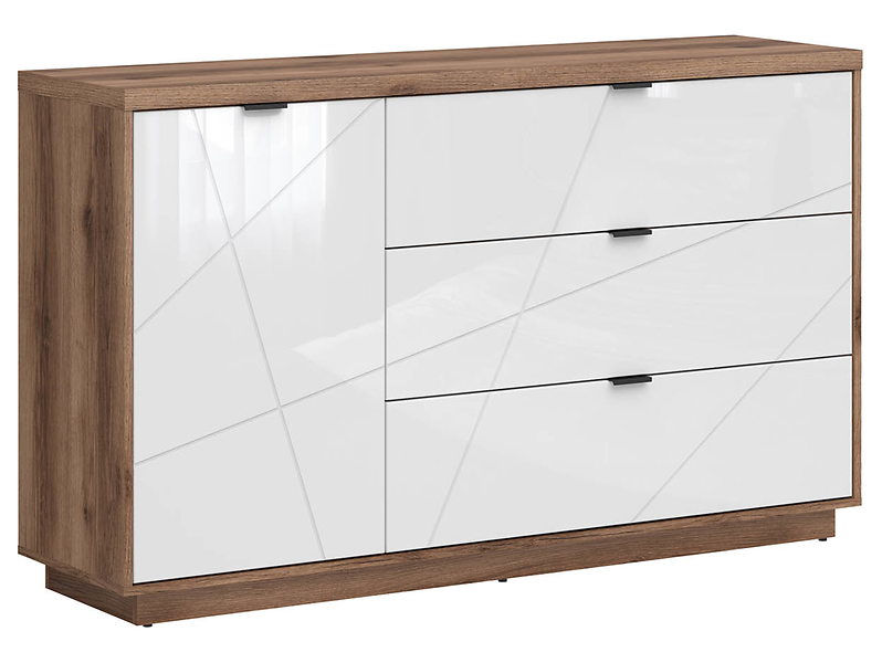 Komoda Forn 156 cm z drzwiami i 3 szufladami dąb delano ciemny/biały połysk 40489