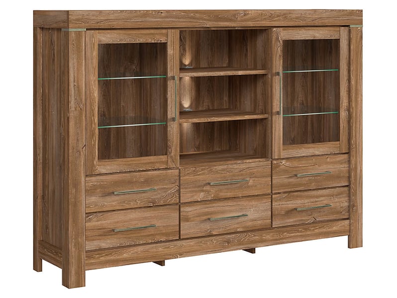 Komoda Gent 166 cm witryna z 2 drzwiami 6 szufladami i 3 półkami dąb stirling 10117