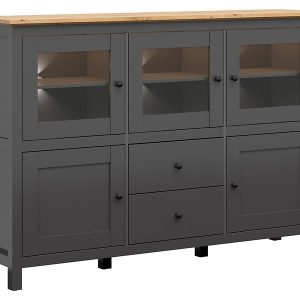Komoda Hesen 186 cm witryna z 5 drzwiami i 2 szufladami grafit/dąb artisan 39875 Komoda Hesen 186 cm witryna z 5 drzwiami i 2 szufladami grafit/dąb artisan 39875