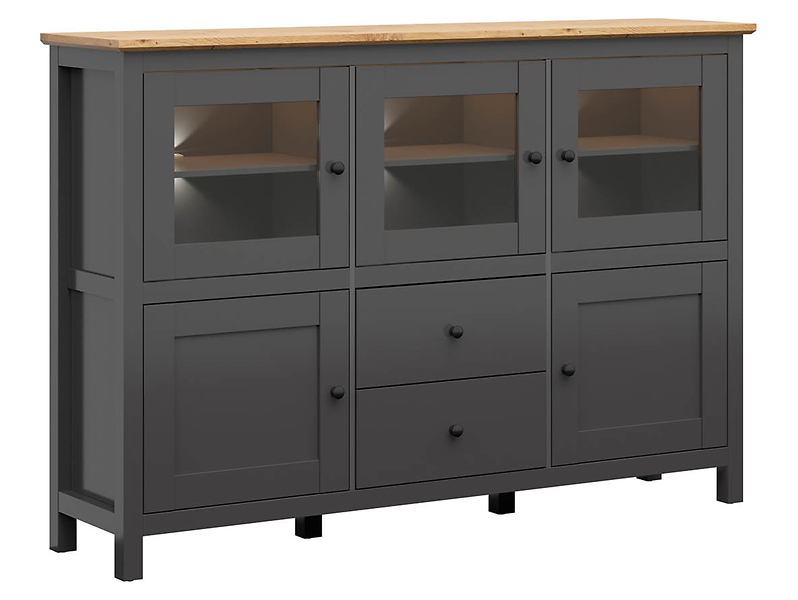 Komoda Hesen 186 cm witryna z 5 drzwiami i 2 szufladami grafit/dąb artisan 39875