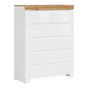 Komoda Holten 99 cm z 6 szufladami biały/dąb wotan/biały połysk 36716 Komoda Holten 99 cm z 6 szufladami biały/dąb wotan/biały połysk 36716