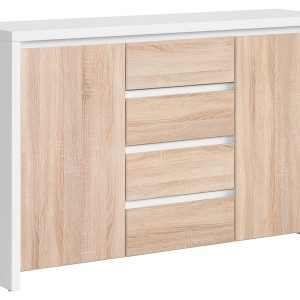 Komoda Kaspian 144 cm z 2 drzwiami i 4 szufladami biała/dąb sonoma 30652 Komoda Kaspian 144 cm z 2 drzwiami i 4 szufladami biała/dąb sonoma 30652