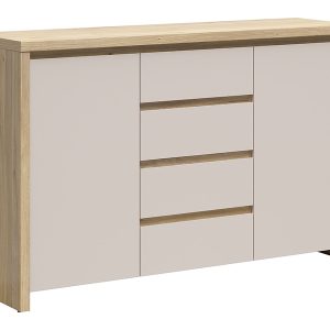 Komoda Kaspian 144 cm z 2 drzwiami i 4 szufladami dąb mauvella/kaszmir 1064857 Komoda Kaspian 144 cm z 2 drzwiami i 4 szufladami dąb mauvella/kaszmir 1064857