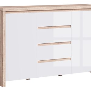 Komoda Kaspian 144 cm z 2 drzwiami i 4 szufladami dab sonoma/biały połysk 34903 Komoda Kaspian 144 cm z 2 drzwiami i 4 szufladami dab sonoma/biały połysk 34903
