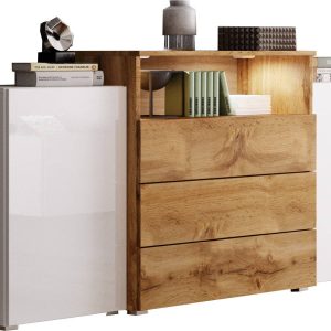 Komoda KORFU biały/dąb wotan/biały połysk z LED 351373