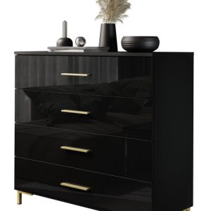 Komoda LINA GOLD złote uchwyty / nóżki czarny połysk LED 91318 Komoda LINA GOLD złote uchwyty / nóżki czarny połysk LED 91318