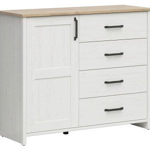 Komoda Loksa 120 cm z drzwiami i 4 szufladami sosna andersen biała/dąb grandson 33201 Komoda Loksa 120 cm z drzwiami i 4 szufladami sosna andersen biała/dąb grandson 33201