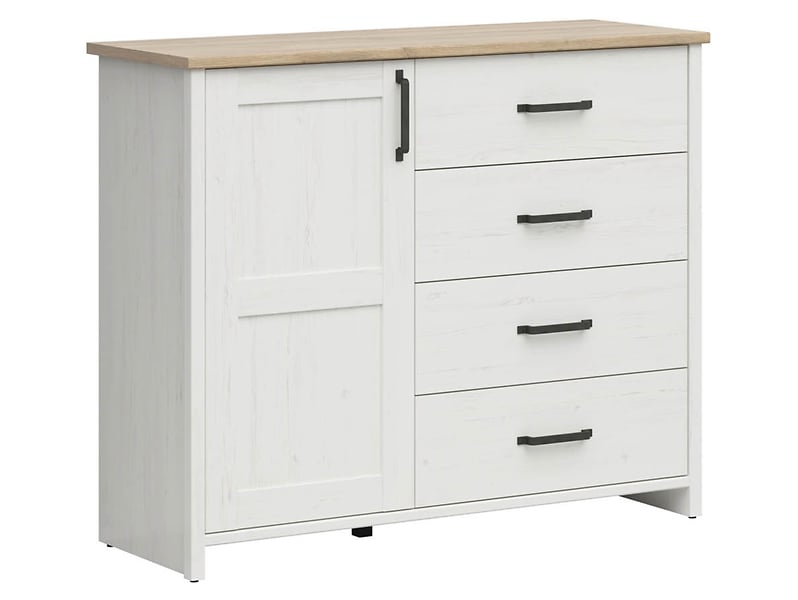 Komoda Loksa 120 cm z drzwiami i 4 szufladami sosna andersen biała/dąb grandson 33201
