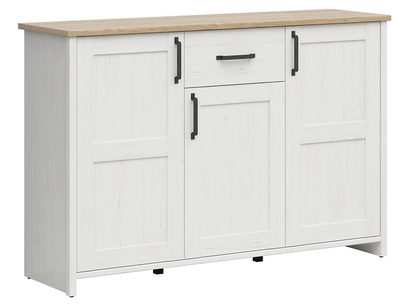 Komoda Loksa 148 cm z 3 drzwiami i szufladą sosna andersen biała/dąb grandson 33204
