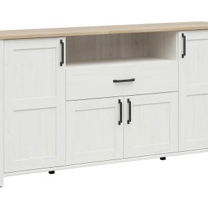 Komoda Loksa 194 cm z 4 drzwiami szufladą i półką sosna andersen biała/dąb grandson 33205 Komoda Loksa 194 cm z 4 drzwiami szufladą i półką sosna andersen biała/dąb grandson 33205