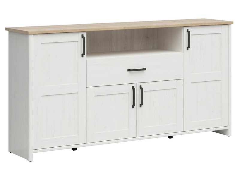 Komoda Loksa 194 cm z 4 drzwiami szufladą i półką sosna andersen biała/dąb grandson 33205