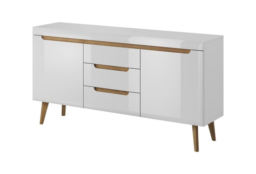 Komoda na dębowych nóżkach NODIS 160 cm Biały Połysk 355601