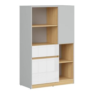 Komoda Nandu 80 cm z 2 drzwiami 4 półkami i szufladą jasny szary/dąb polski/biały połysk 29148 Komoda Nandu 80 cm z 2 drzwiami 4 półkami i szufladą jasny szary/dąb polski/biały połysk 29148