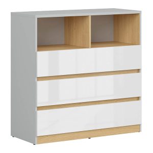 Komoda Nandu 90 cm z 3 szufladami i 2 półkami jasny szary/dąb polski/biały połysk 29151 Komoda Nandu 90 cm z 3 szufladami i 2 półkami jasny szary/dąb polski/biały połysk 29151
