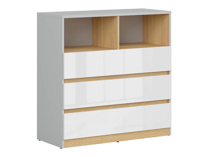Komoda Nandu 90 cm z 3 szufladami i 2 półkami jasny szary/dąb polski/biały połysk 29151