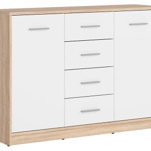 Komoda Nepo Plus 119 cm z 2 drzwiami i 4 szufladami dąb sonoma/biały 29684 Komoda Nepo Plus 119 cm z 2 drzwiami i 4 szufladami dąb sonoma/biały 29684