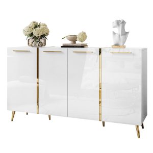 Komoda ONYX 4D 158 cm na złotych nóżkach, biała z uchwytami 858885