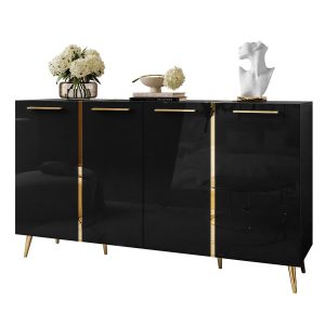 Komoda ONYX 4D 158 cm na złotych nóżkach, czarna z uchwytami 858879