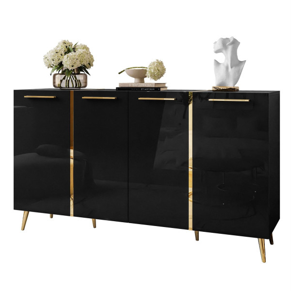 Komoda ONYX 4D 158 cm na złotych nóżkach, czarna z uchwytami 858879