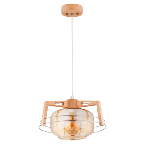 Lampa wisząca ISKAR jasne drewno-bursztynowy-chromowana 1xE27x15W Alfa 984919