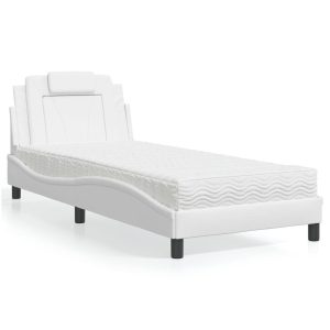 Łóżko tapicerowane z materacem białe sztuczna skóra sypialnia 90×200 cm 707065 Łóżko tapicerowane z materacem białe sztuczna skóra sypialnia 90×200 cm 707065