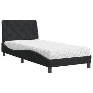 Łóżko tapicerowane z materacem czarne aksamit do sypialni 90×200 cm 706311 Łóżko tapicerowane z materacem czarne aksamit do sypialni 90×200 cm 706311