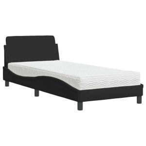 Łóżko tapicerowane z materacem czarne tkanina do sypialni 90×190 cm 703970 Łóżko tapicerowane z materacem czarne tkanina do sypialni 90×190 cm 703970
