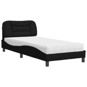 Łóżko tapicerowane z materacem czarne tkanina do sypialni 90×200 cm 706214 Łóżko tapicerowane z materacem czarne tkanina do sypialni 90×200 cm 706214