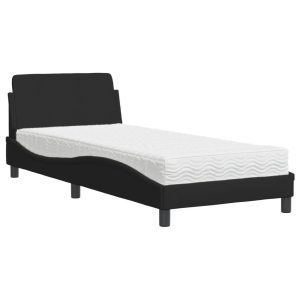 Łóżko tapicerowane z materacem czarne tkanina do sypialni 90×200 cm 704023 Łóżko tapicerowane z materacem czarne tkanina do sypialni 90×200 cm 704023