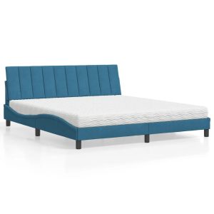 Łóżko tapicerowane z materacem niebieskie sypialnia aksamit 180×200 cm 707160 Łóżko tapicerowane z materacem niebieskie sypialnia aksamit 180×200 cm 707160